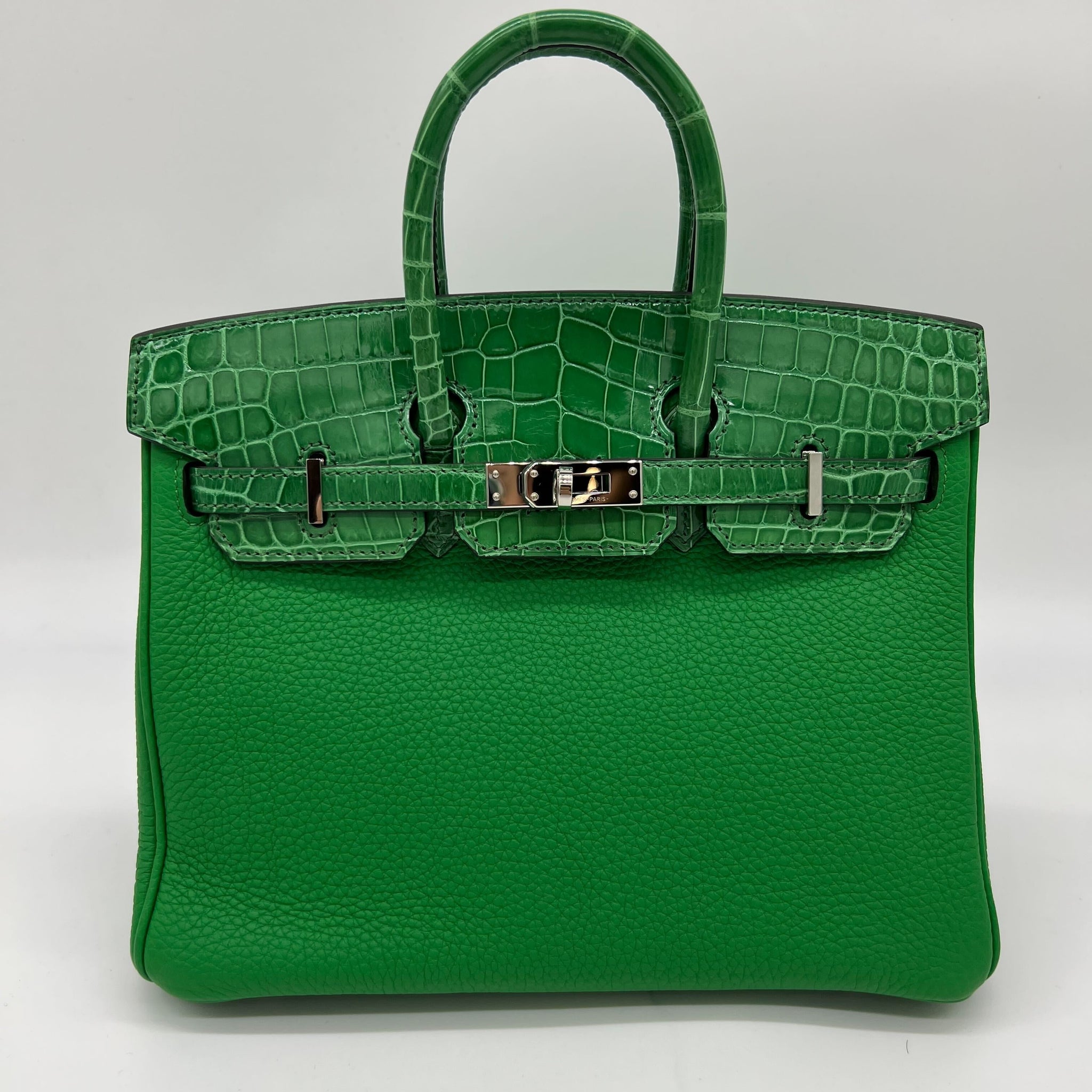 Hermes Birkin 25 Shiny Crocodile and Togo Vert Bambou Palladium Hardware