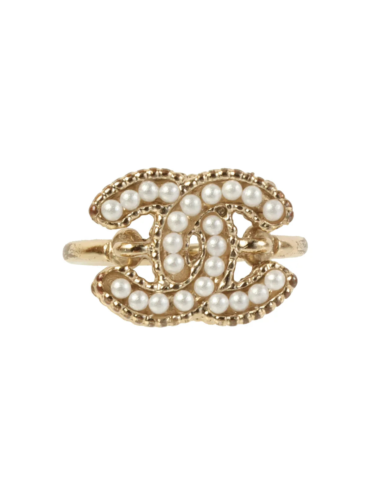 CHANEL 2012 Made Pearl Cc Mark Plate Ring Gold/White