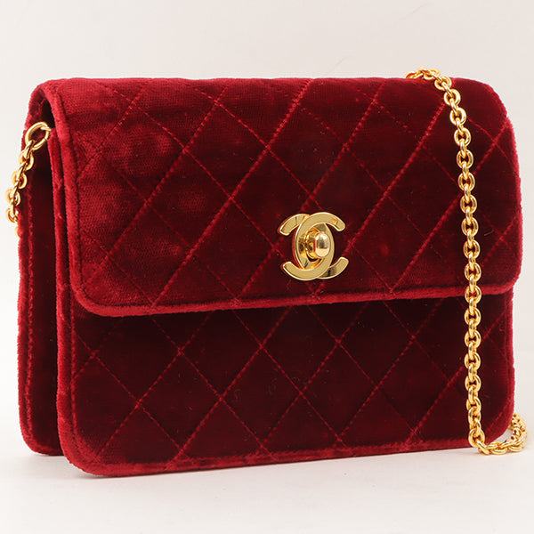 Chanel Around 1992 Made Velour Straight Flap Turn-Lock Mini Chain Bag Red