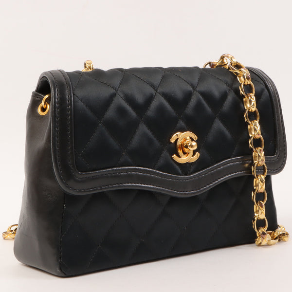 CHANEL Around 1990 Made Leather Silk Satin Combination Design Flap Bijoux Chain Bag Mini Black
