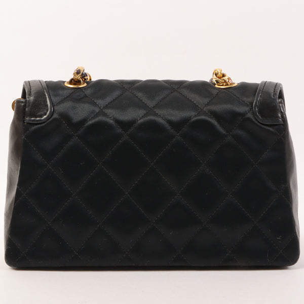 CHANEL Around 1990 Made Leather Silk Satin Combination Design Flap Bijoux Chain Bag Mini Black