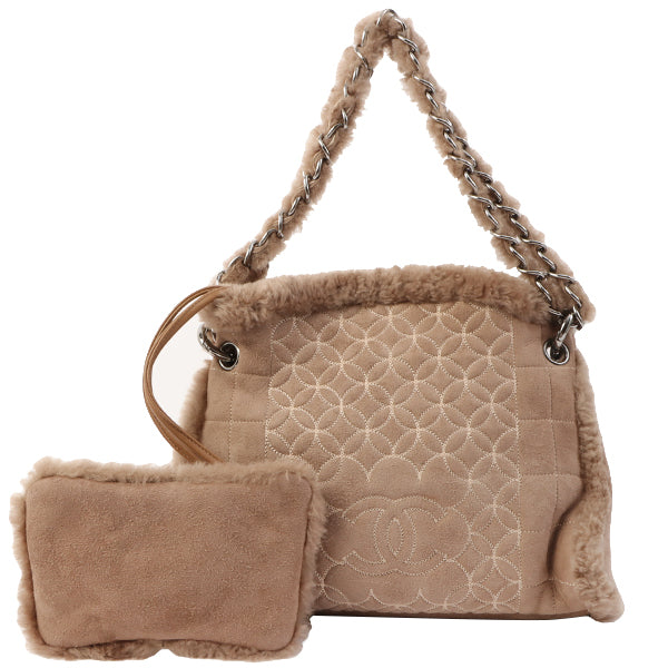 Chanel Around 2006 Made Mouton Cc Mark Stitch Shoulder Bag With Pouch Grey Beige