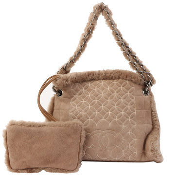 Chanel Around 2006 Made Mouton Cc Mark Stitch Shoulder Bag With Pouch Grey Beige