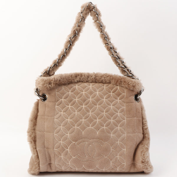 Chanel Around 2006 Made Mouton Cc Mark Stitch Shoulder Bag With Pouch Grey Beige