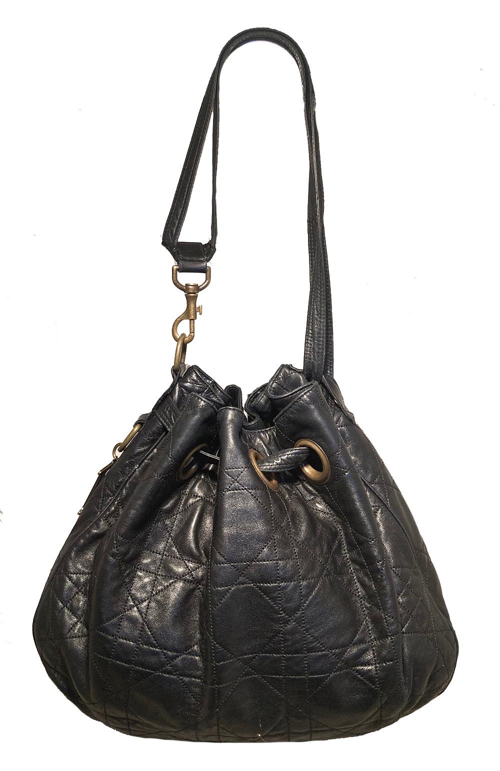 CHRISTIAN DIOR Black Leather Cannage Drawstring Shoulder Bag