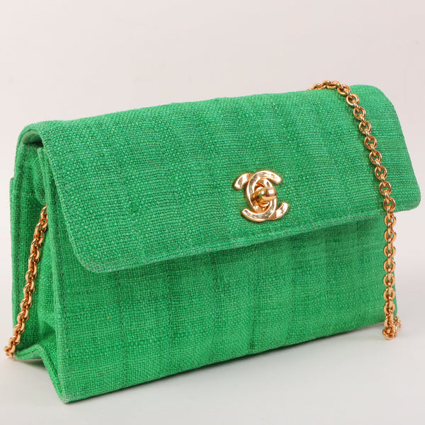 Chanel Around 1992 Made Linen Mademoiselle Stitch Turn-Lock Chain Bag Mini Green