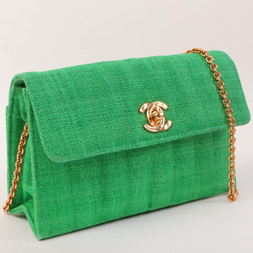 Chanel Around 1992 Made Linen Mademoiselle Stitch Turn-Lock Chain Bag Mini Green