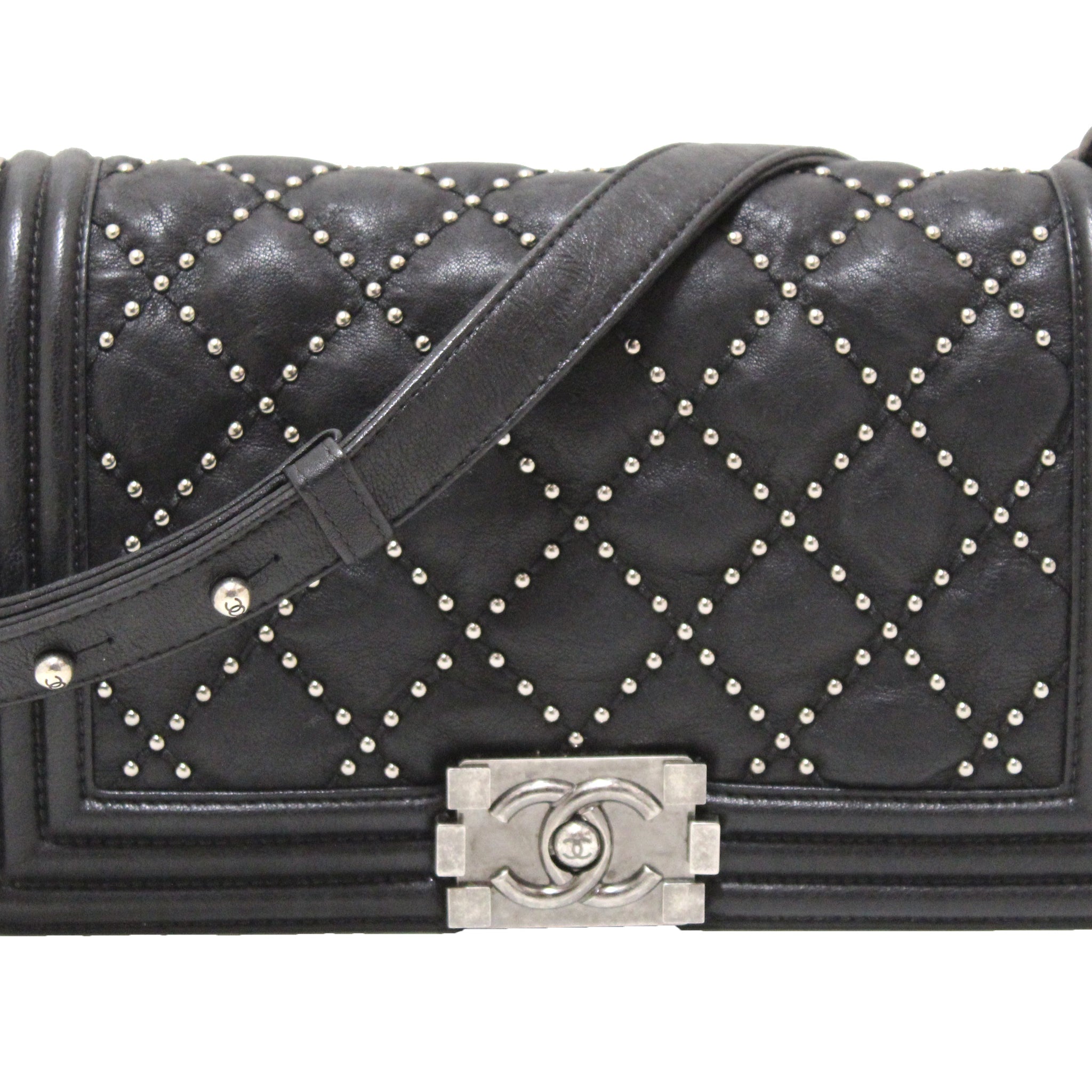 Chanel Studded Black Quilted Distressed Calfskin Old Medium Boy Flap Shoulder Bag