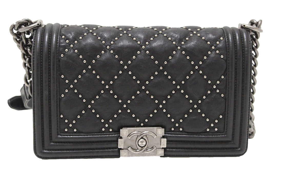 Chanel Studded Black Quilted Distressed Calfskin Old Medium Boy Flap Shoulder Bag
