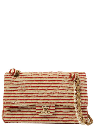 CHANEL Around 2014 Made Cotton Striped Classic Flap Chain Bag Beige/Red/White