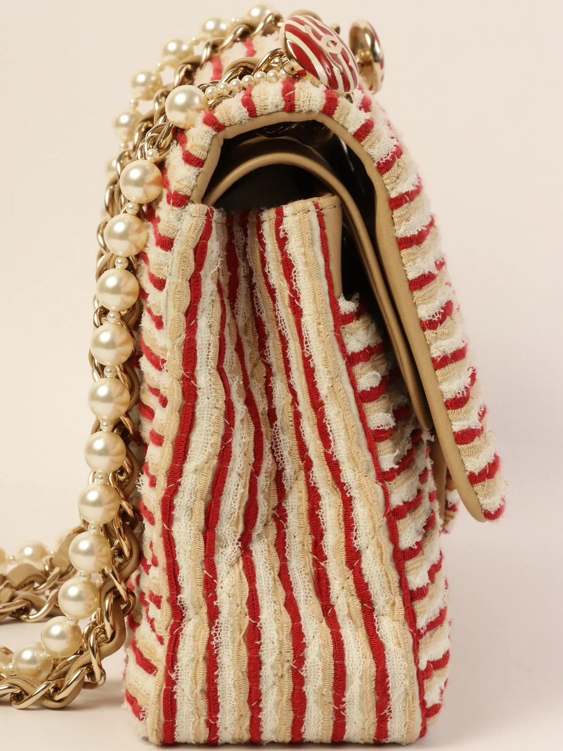 CHANEL Around 2014 Made Cotton Striped Classic Flap Chain Bag Beige/Red/White