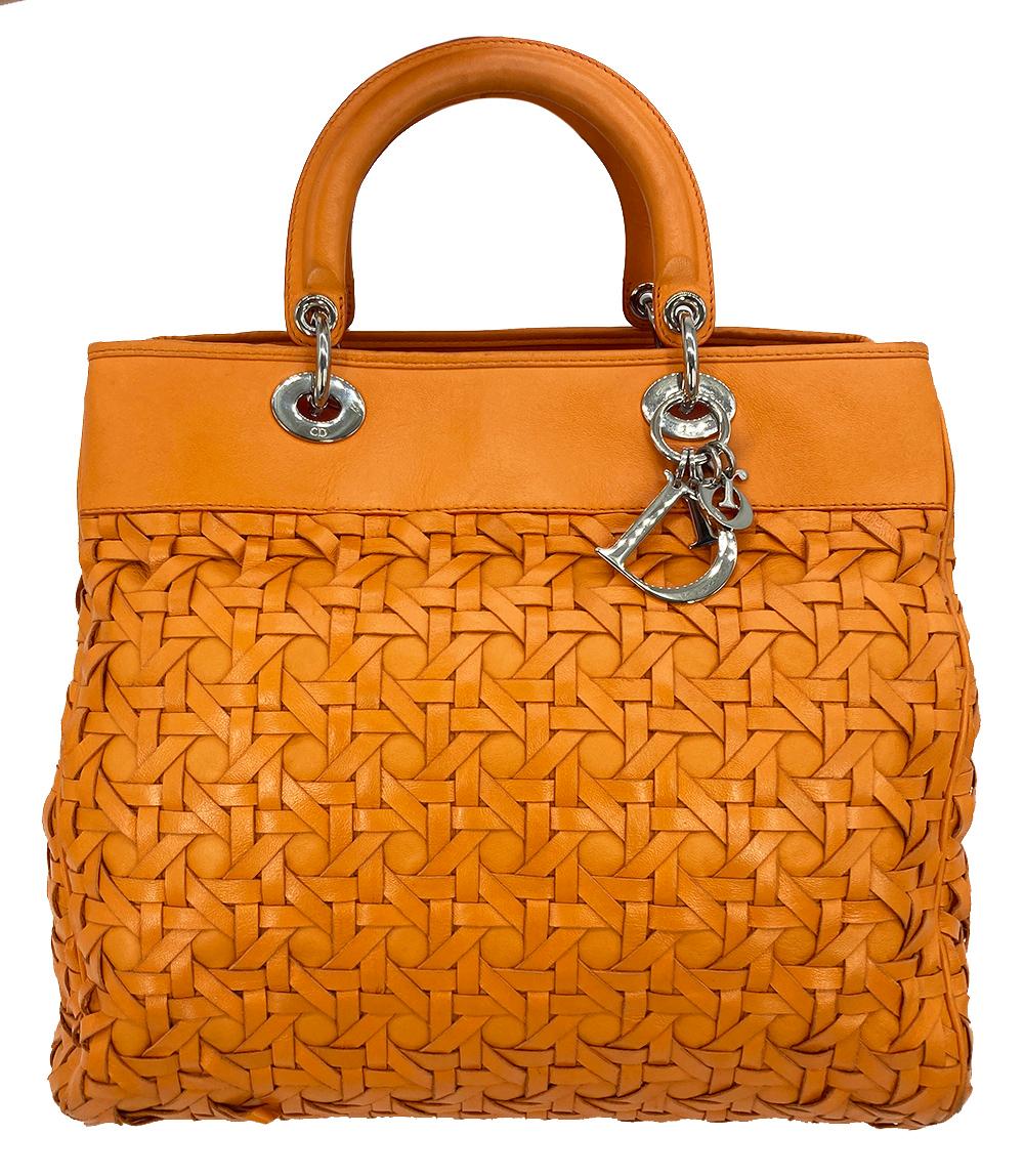 CHRISTIAN DIOR Woven Leather Orange Lady Dior Avenue Tote