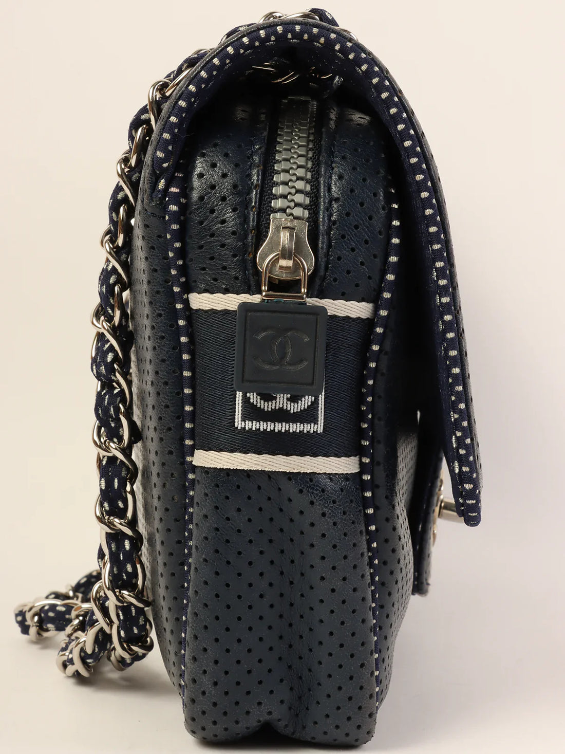 CHANEL Around 2004 Made Sport Line Punching Turn-Lock Chain Bag Navy/White
