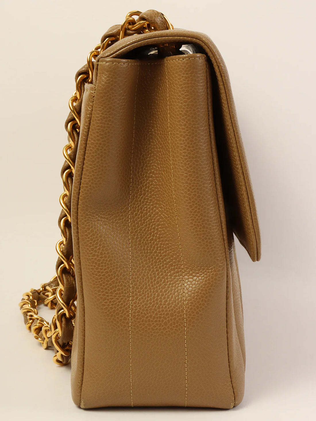 CHANEL Around 1995 Made Caviar Skin Mademoiselle Stitch Turn-Lock Chain Bag Mocha Beige