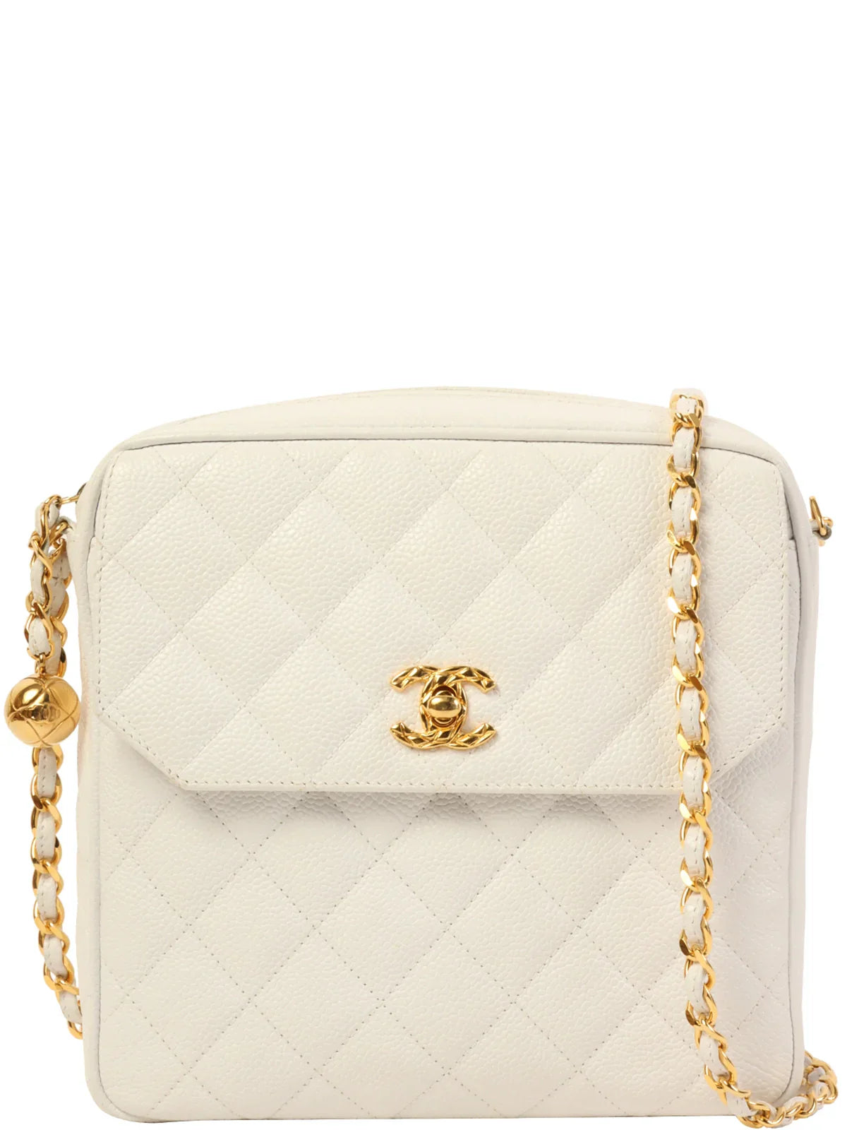 CHANEL Around 1992 Made Caviar Skin Turn-Lock Ball Charm Chain Bag White