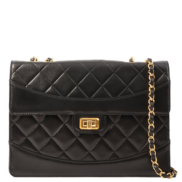 Chanel Around 1990 Made Design Flap Logo Turn Lock Chain Bag Black