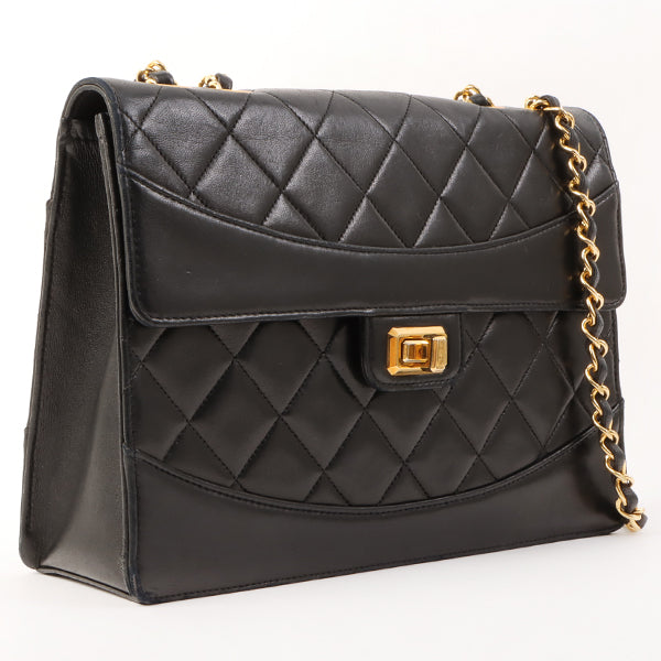 Chanel Around 1990 Made Design Flap Logo Turn Lock Chain Bag Black