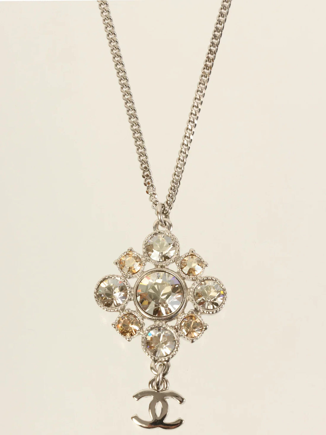 CHANEL 2012 Made Rhinestone Diamond Motif Cc Mark Swing Necklace Silver/Champagne