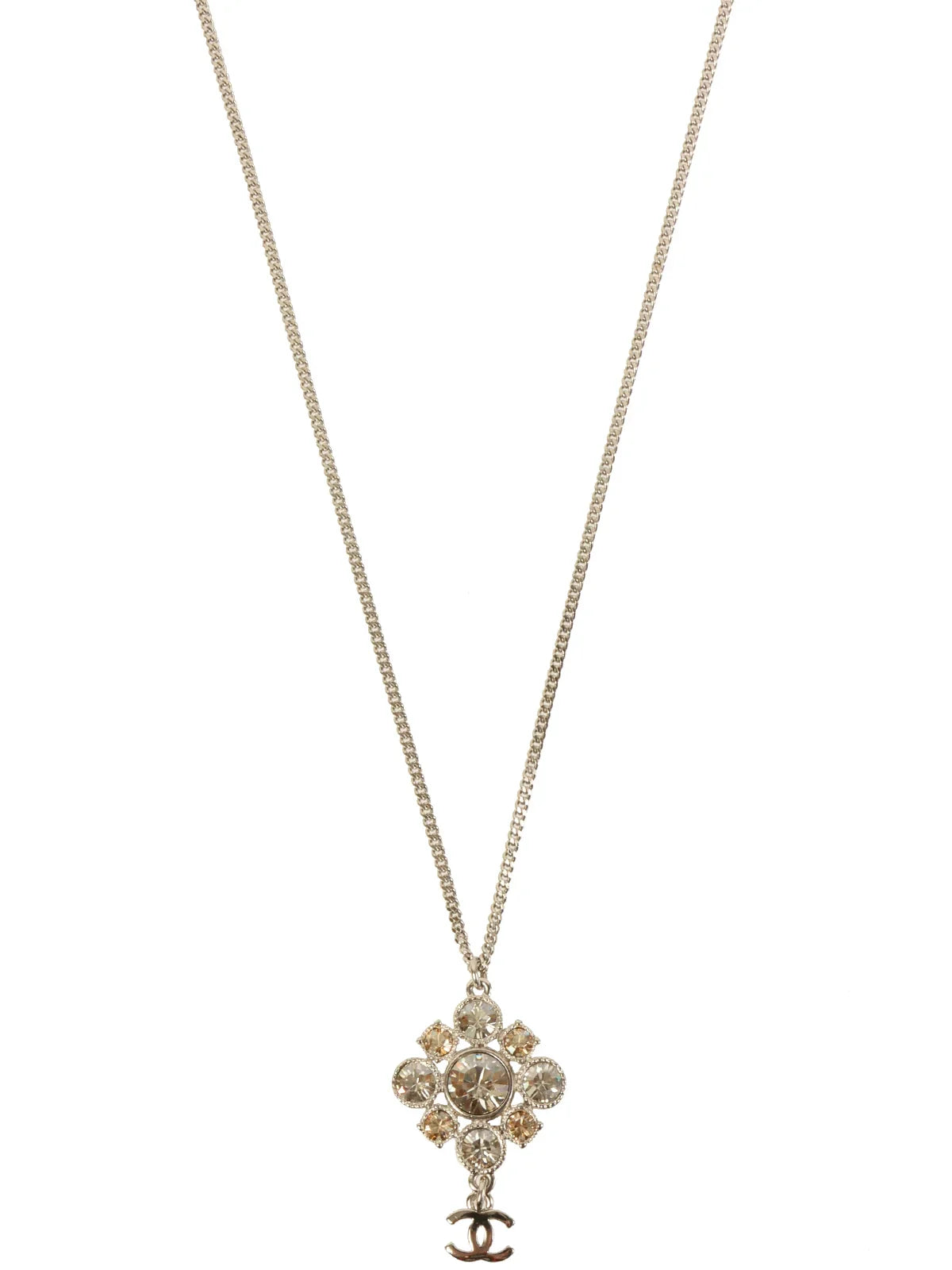 CHANEL 2012 Made Rhinestone Diamond Motif Cc Mark Swing Necklace Silver/Champagne