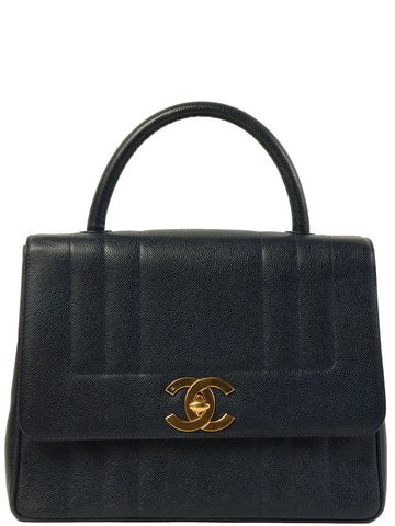 CHANEL Around 1995 Made Caviar Skin Mademoiselle Stitch Turn-Lock Top Handle Bag Navy