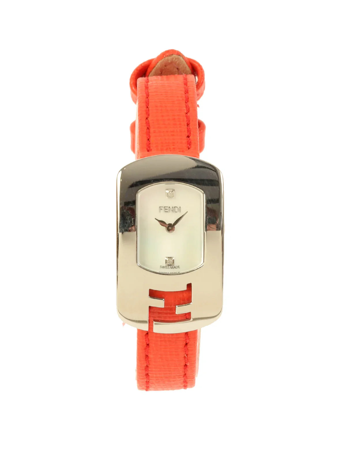 FENDI Square 2P Diamond Logo Face Watch Silver/Red