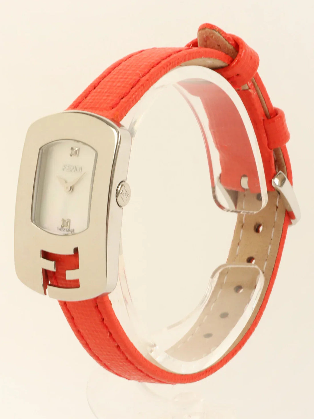 FENDI Square 2P Diamond Logo Face Watch Silver/Red
