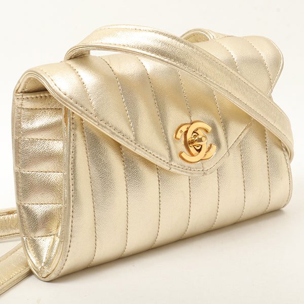 Chanel Around 1995 Made V Flap Mademoiselle Stitch Shoulder Bag Gold