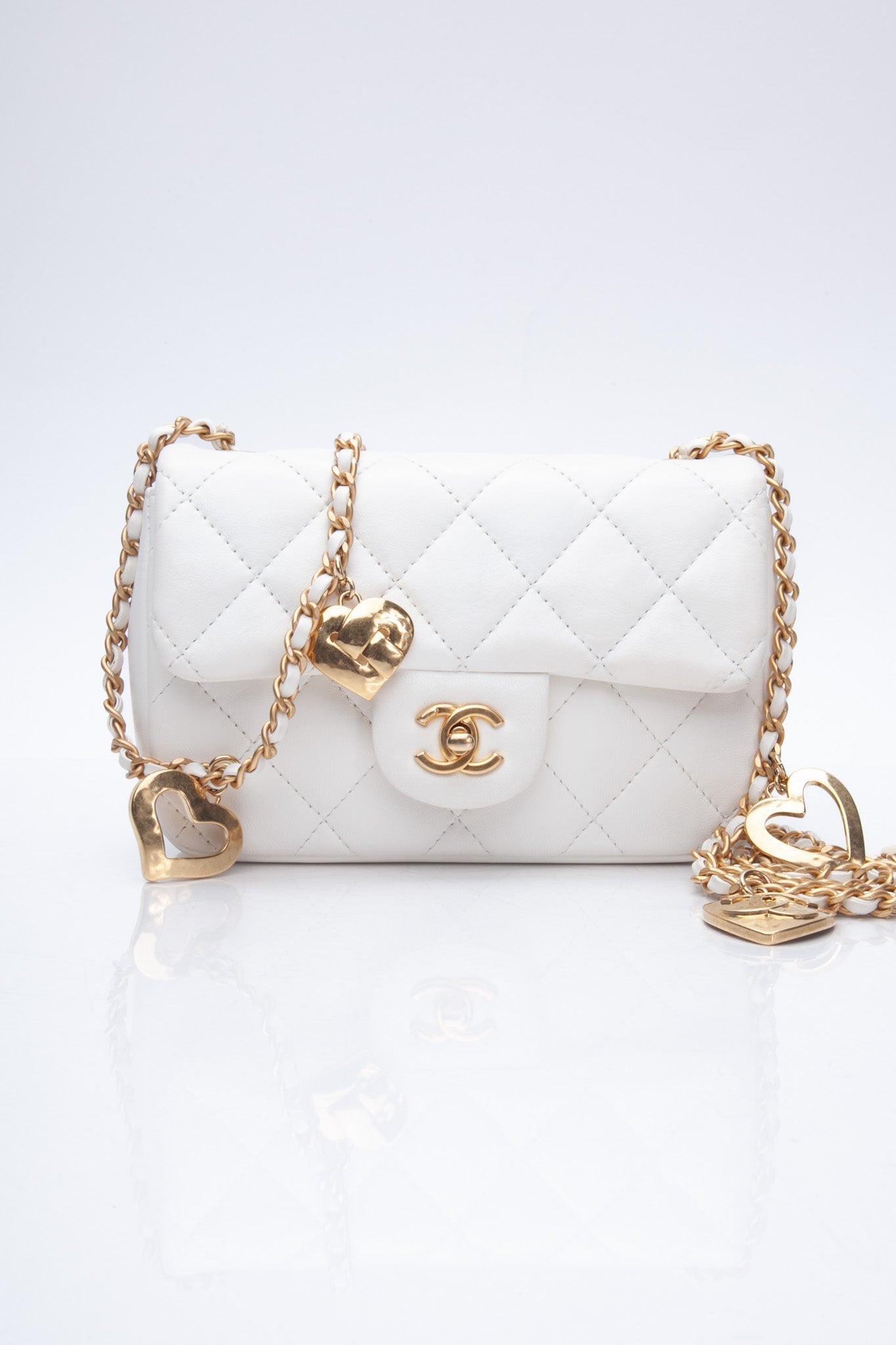 Chanel White Lambskin Quilted Heart Charms Mini Flap Bag