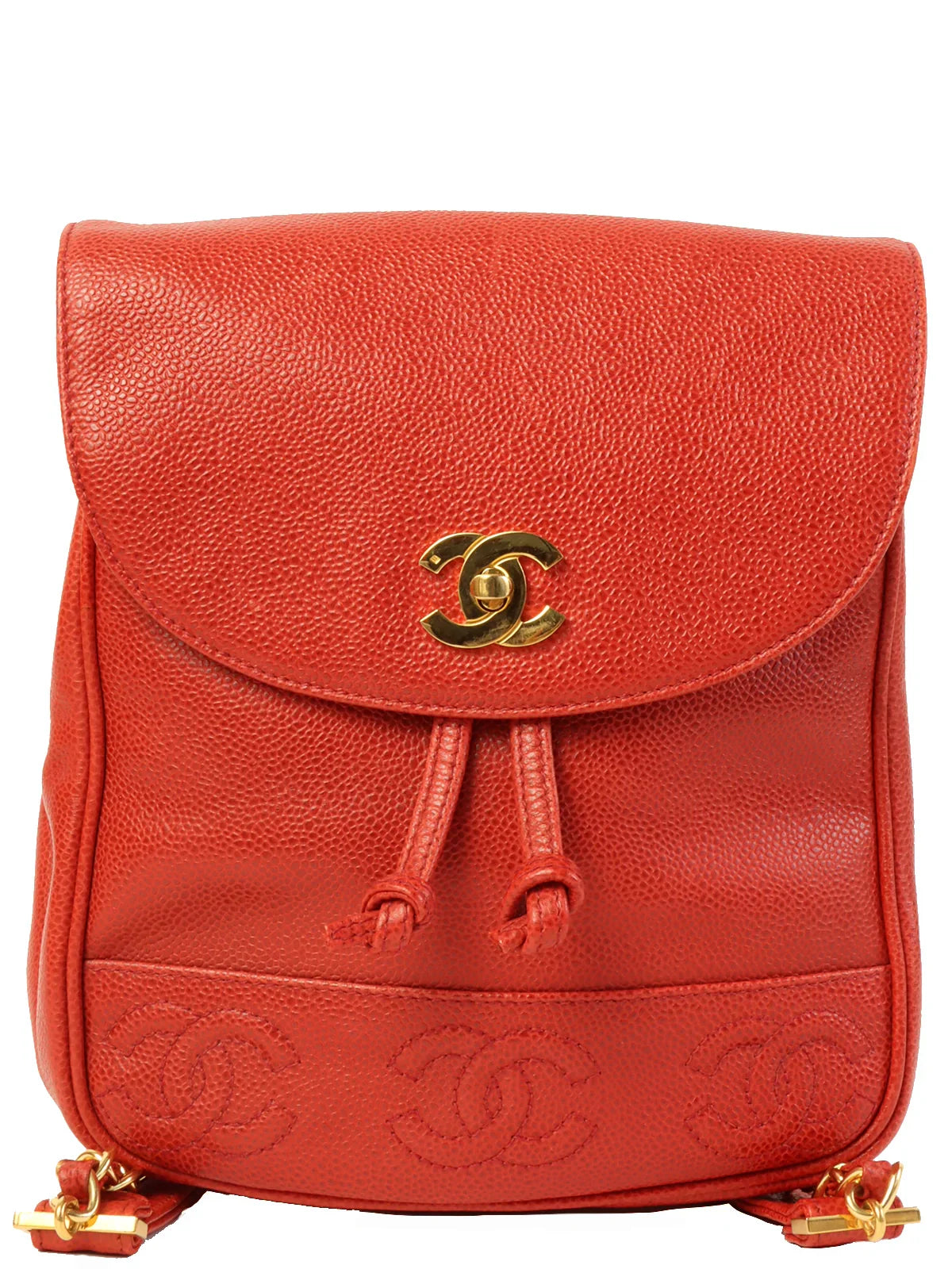 CHANEL Around 1995 Made Caviar Skin 6 Cc Mark Stitch Turn-Lock Backpack Red
