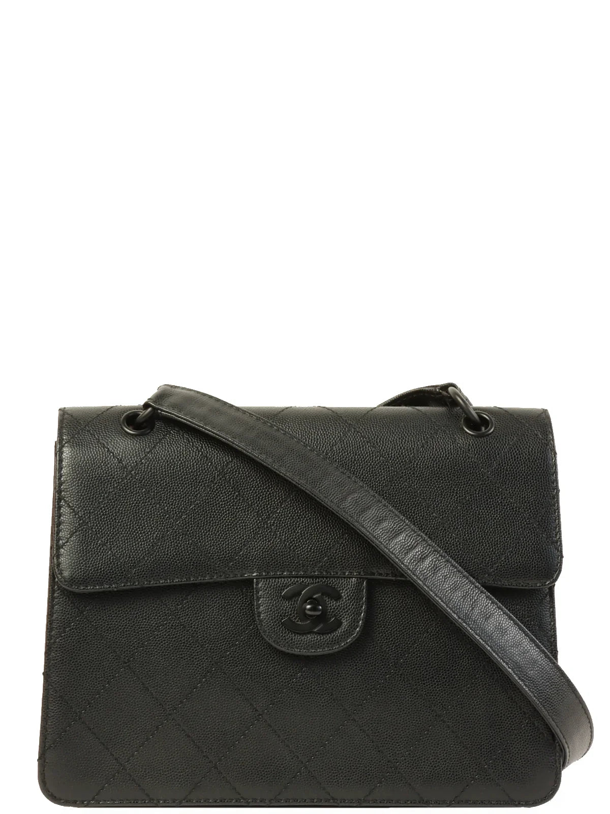 CHANEL Around 1998 Made Caviar Skin Turn-Lock Shoulder Bag Black