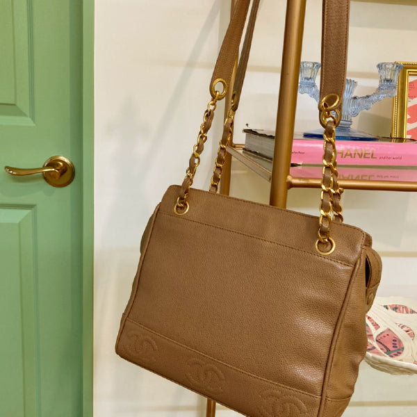 Chanel Around 1997 Made Caviar Skin Cc Mark Stitch Logo Charm Tote Bag Greige