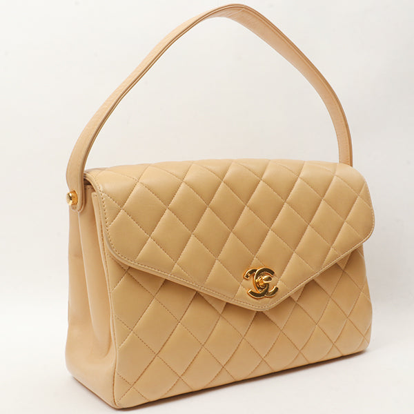 Chanel Around 1997 Made V-Flap Turn-Lock Handbag Beige