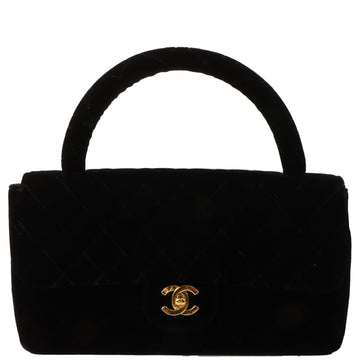 Chanel Around 1995 Made Velour Classic Flap Top Handle Bag Black