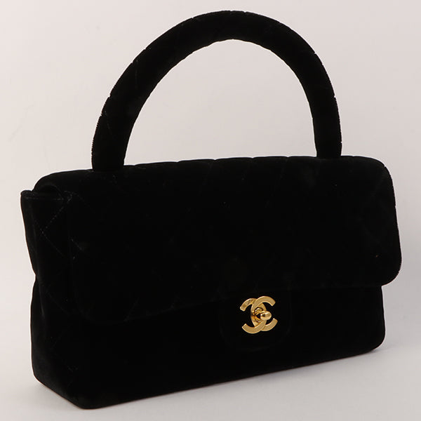 Chanel Around 1995 Made Velour Classic Flap Top Handle Bag Black