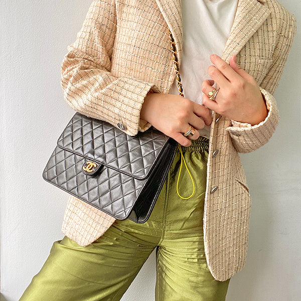 CHANEL Around 1998 Made Cc Mark Plate Chain Bag Black