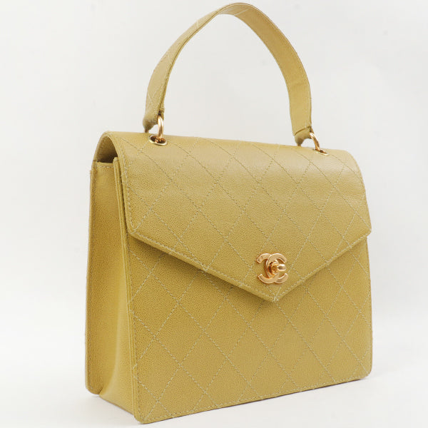 Chanel Around 1998 Made Soft Caviar Skin Turn-Lock Handbag Lime Yellow