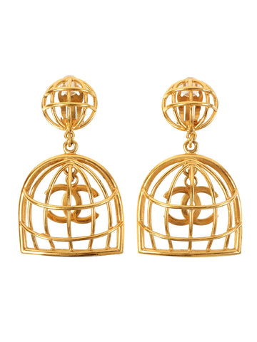 CHANEL 1993 Made Bird Cage Cc Mark Swing Earrings Gold