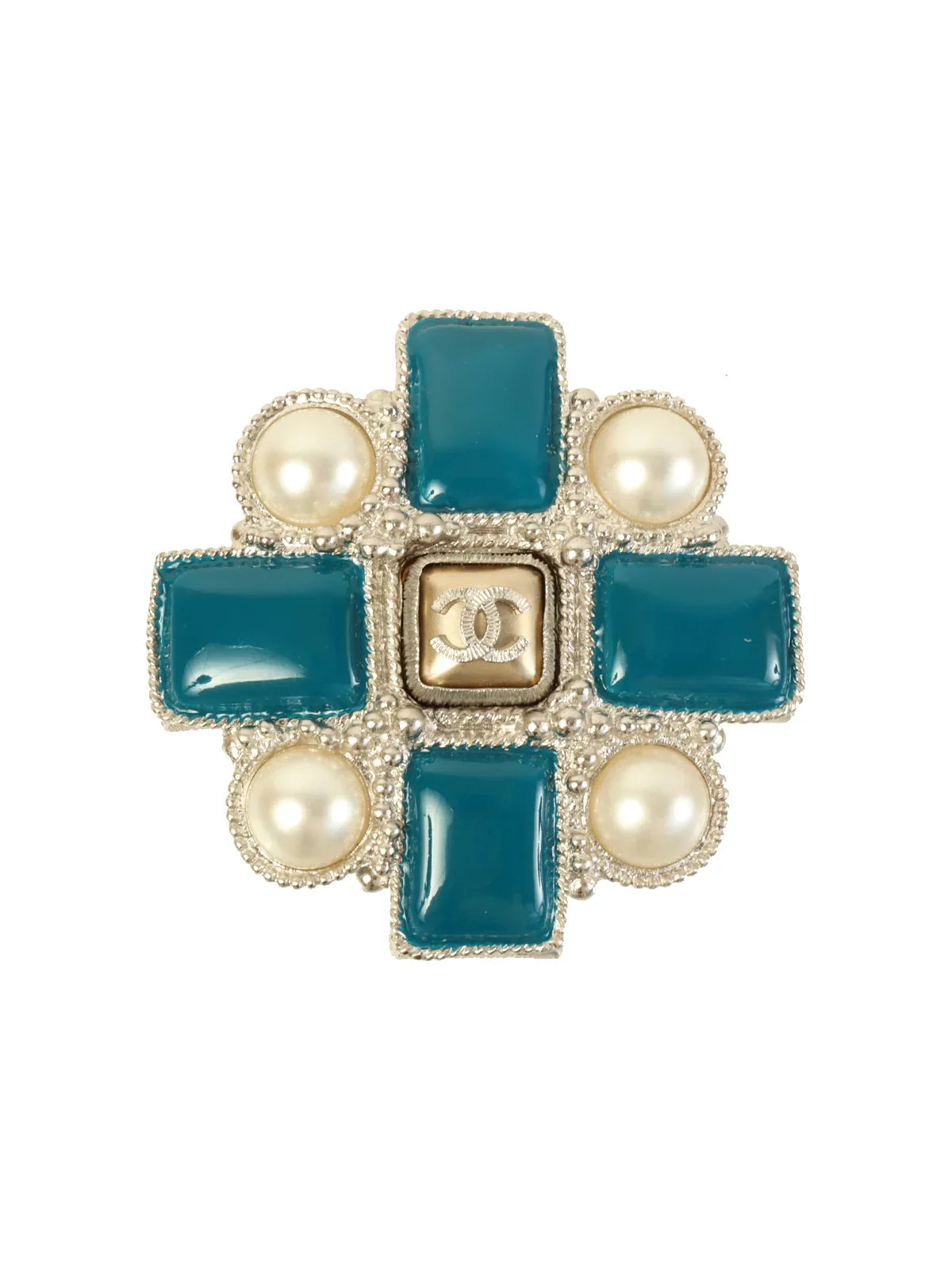 CHANEL 2013 Made Pearl Cc Mark Brooch Silver/Blue/White