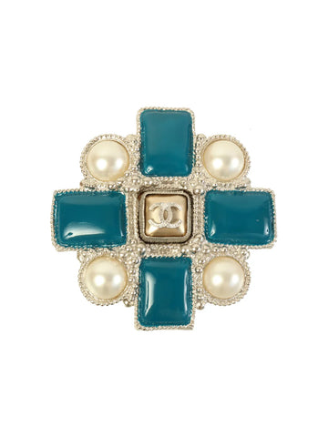 CHANEL 2013 Made Pearl Cc Mark Brooch Silver/Blue/White