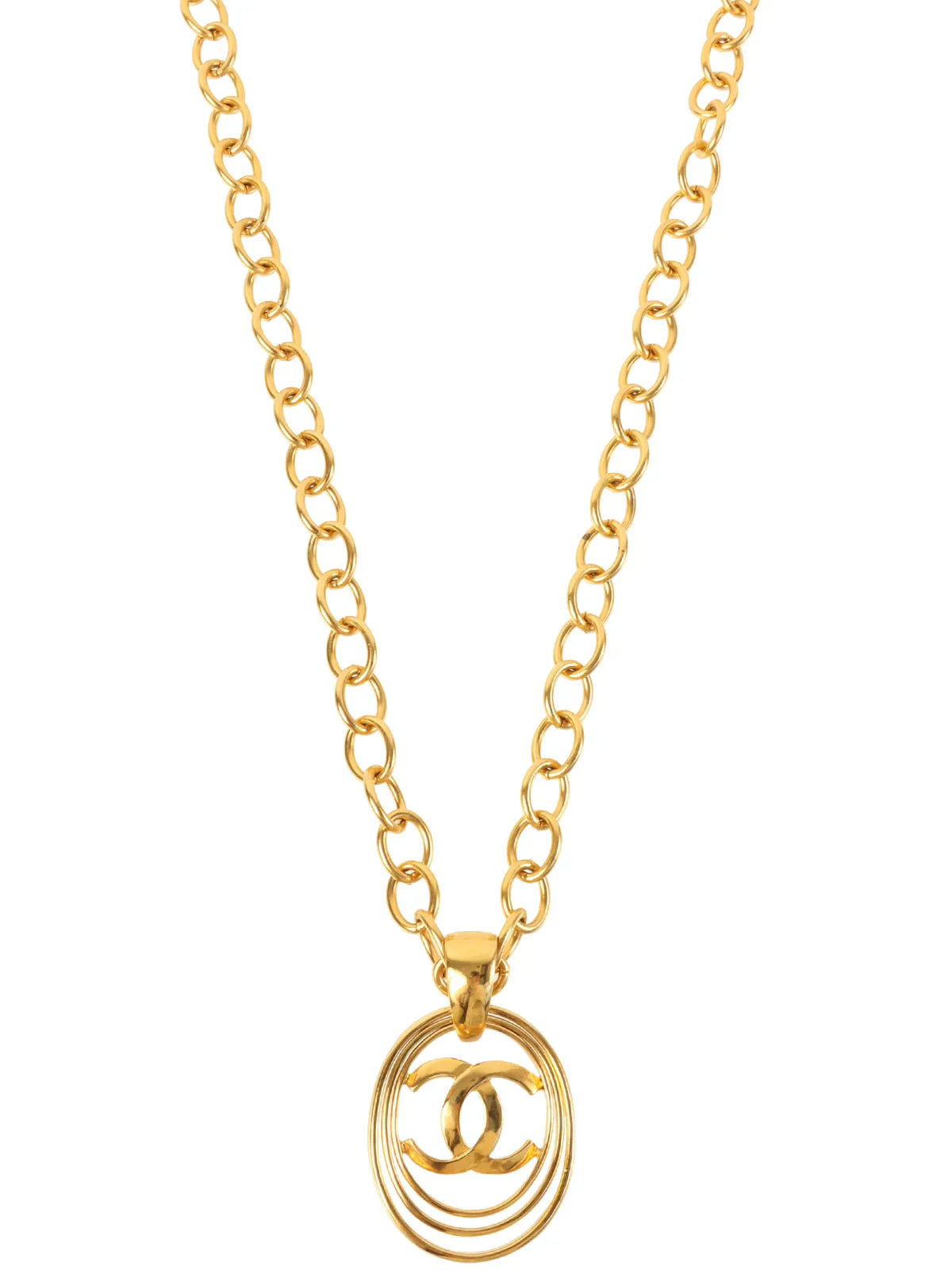 CHANEL 1995 Made Oval Cutout Cc Mark Plate Chain Long Necklace Gold