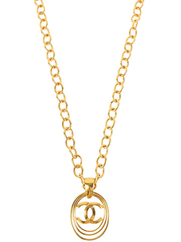 CHANEL 1995 Made Oval Cutout Cc Mark Plate Chain Long Necklace Gold