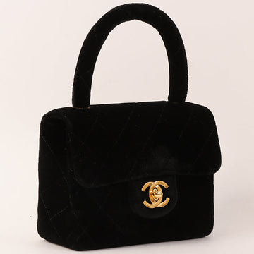 CHANEL Around 1992 Made Velour Classic Flap Top Handle Bag Mini Black