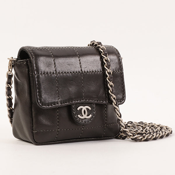 Chanel Around 2000 Made Chocolate Bar Cc Mark Plate Micro Chain Bag Black
