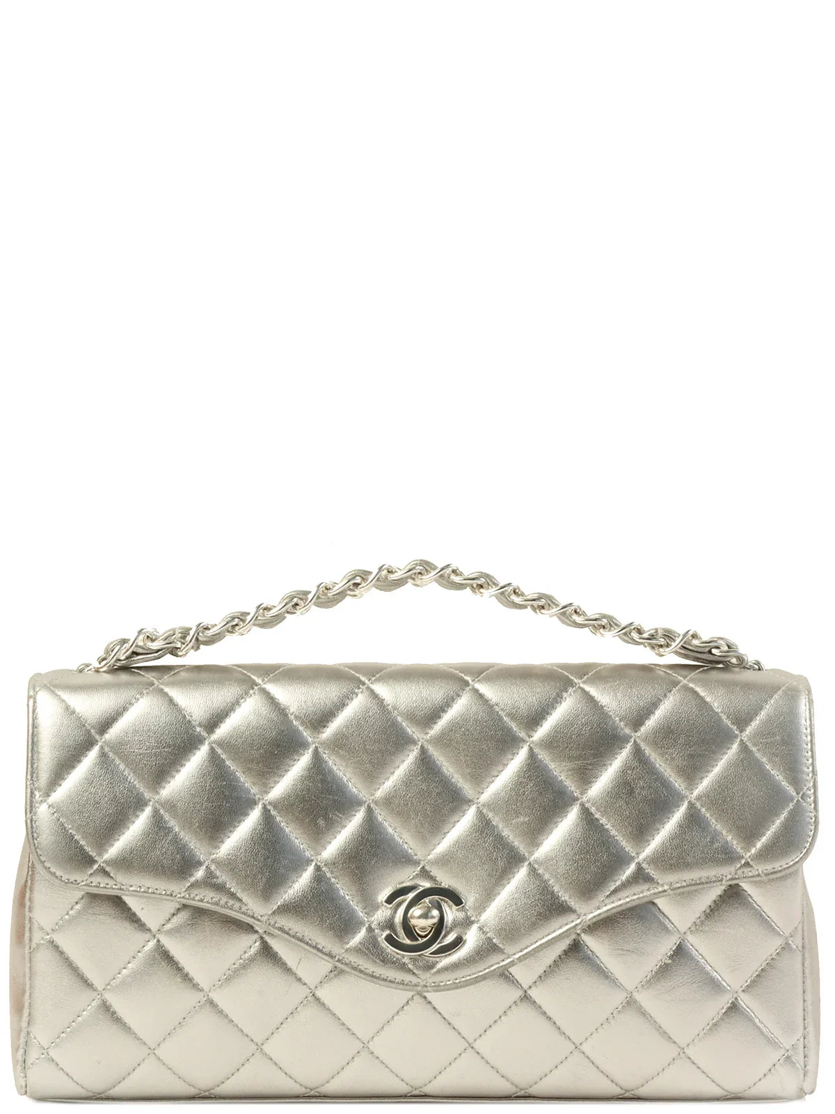 CHANEL Around 1997 Turn-Lock Chain Top Handle Bag Silver
