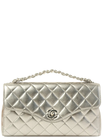 CHANEL Around 1997 Turn-Lock Chain Top Handle Bag Silver