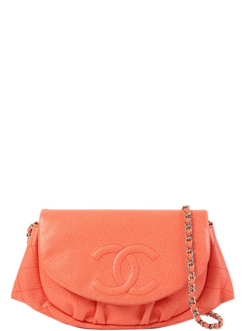 CHANEL Around 2014 Made Caviar Skin Cc Mark Stitch Wallet On Chain Salmon Pink