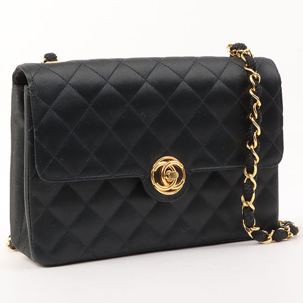 Chanel Around 1985???1990 Made Silk Satin Circle Turn-Lock Chain Bag Black