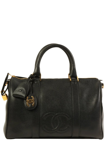 CHANEL Around 1995 Made Caviar Skin Cc Mark Stitch Boston Bag Black