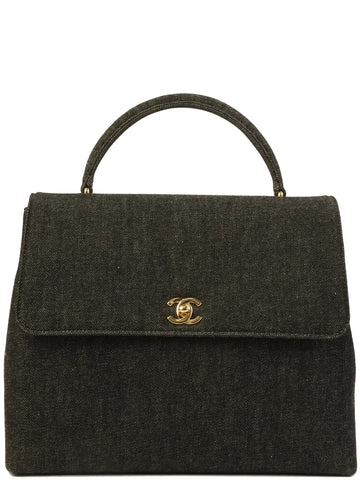 CHANEL Around 1998 Made Denim Turn-Lock Top Handle Bag Black