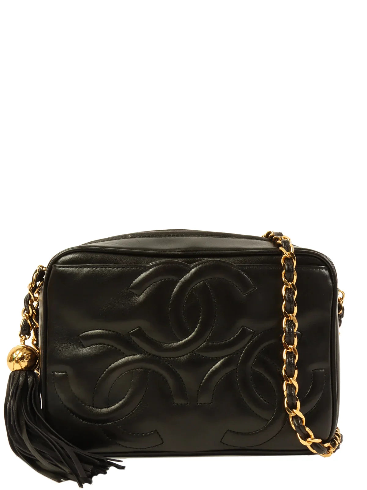 CHANEL Around 1995 Made Triple Cc Mark Stitch Tassel Chain Shoulder Bag Black